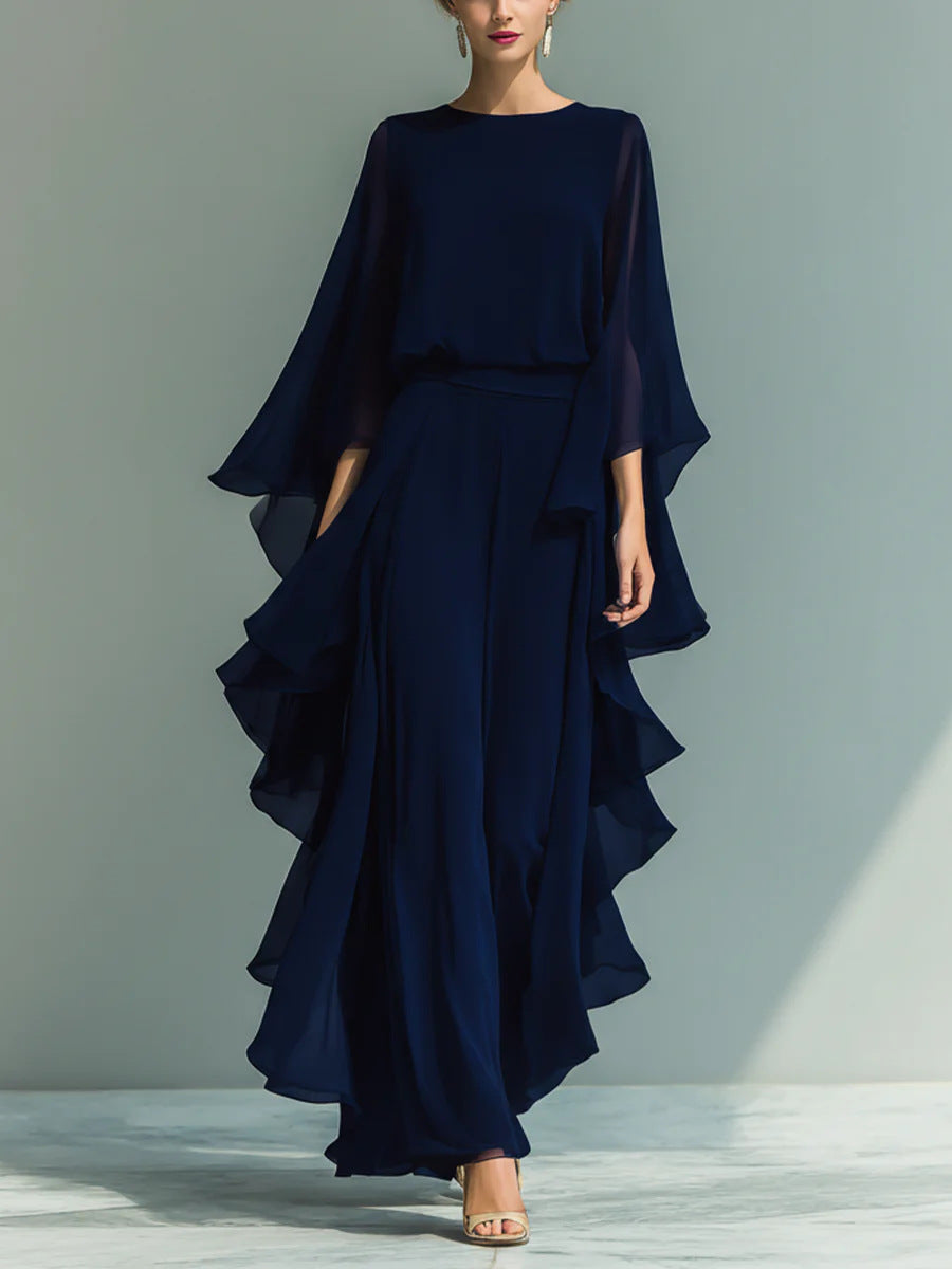 Women's Ruffle Edge Wide-Leg Pants Set, Elegant Long Sleeve Two-Piece Casual Outfit