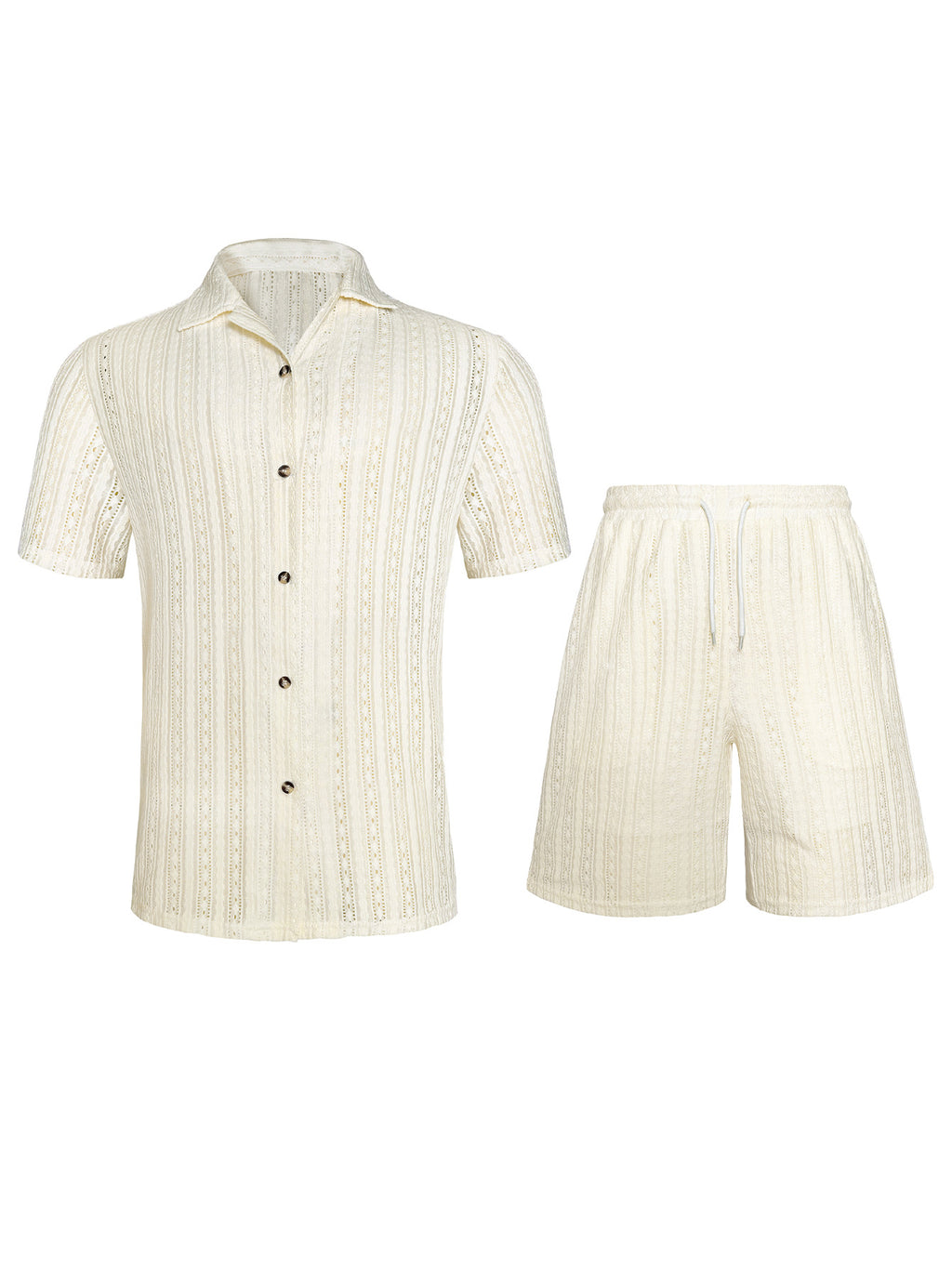 Mens Hollow-Out Breathable Short-Sleeve Shirt And Shorts Set