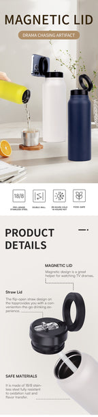 304 Stainless Steel Vacuum Cup Creative Magnetic Water Cup Insulated Sports Water Bottle With Straw Outdoor Insulated Water Mug With Magnetic Phone Holder