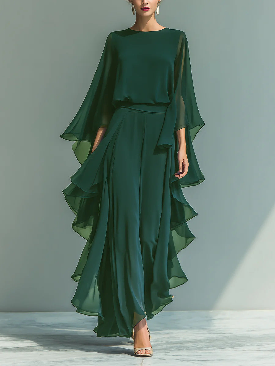 Women's Ruffle Edge Wide-Leg Pants Set, Elegant Long Sleeve Two-Piece Casual Outfit