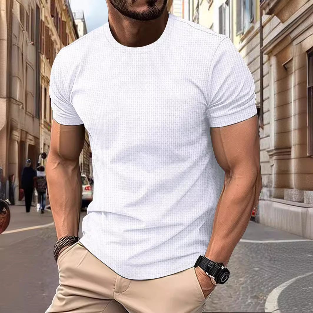 High-end Mesh Ice Silk Short Sleeve T-shirt Men's Round Neck Summer Solid Color