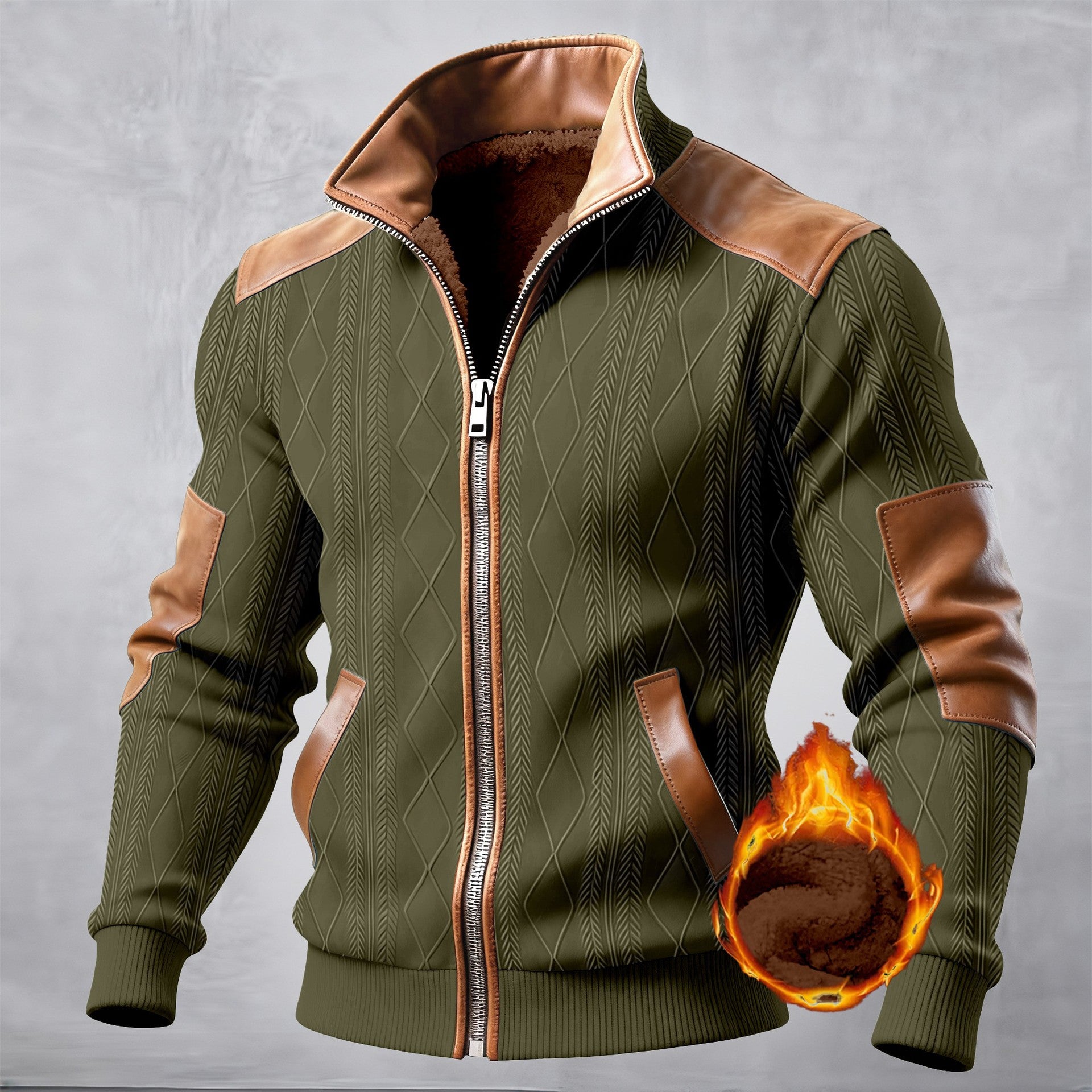 Color-block Textured Fleece-lined Zip-up Casual Jacket
