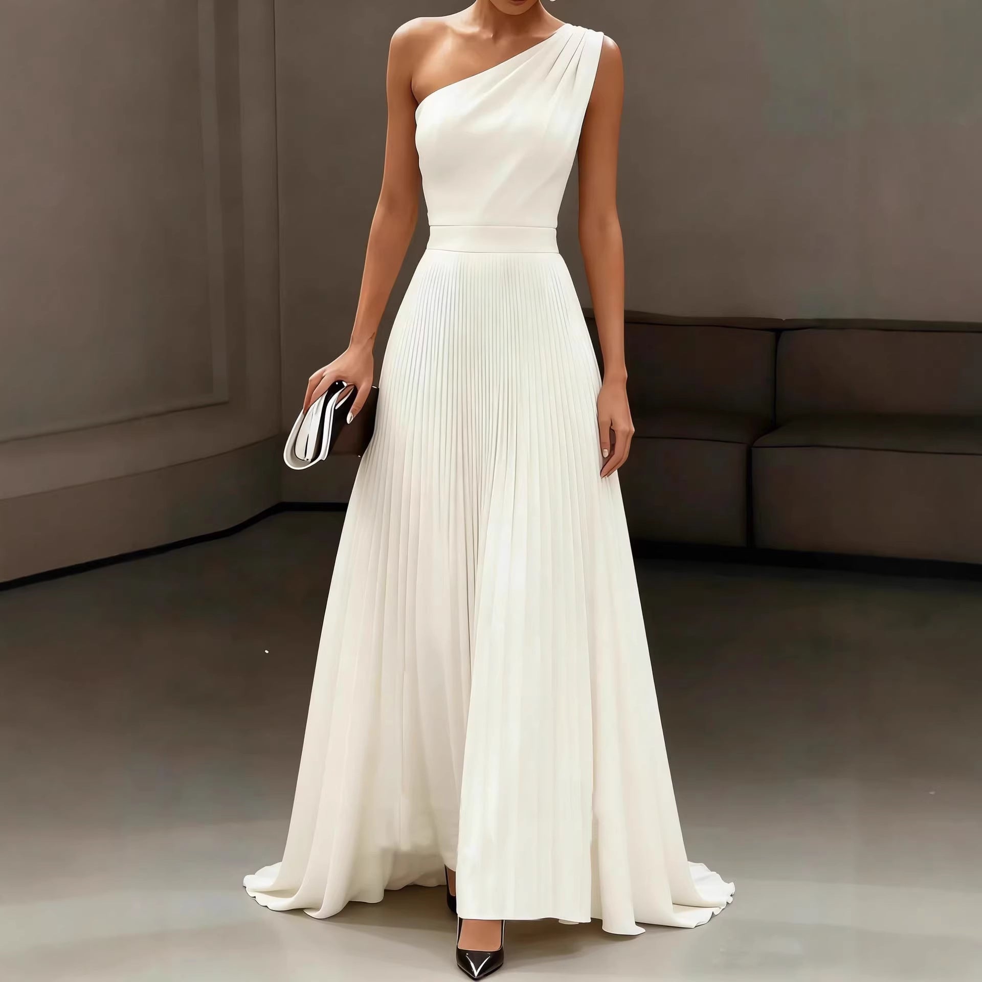 Womens Elegant White One-shoulder Dress