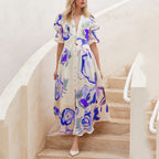 Print Dresses For Women Summer V-neck Button Short Sleeve Dress