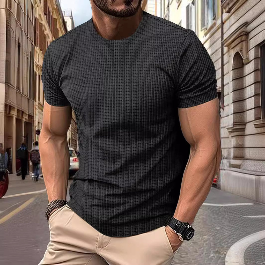 High-end Mesh Ice Silk Short Sleeve T-shirt Men's Round Neck Summer Solid Color
