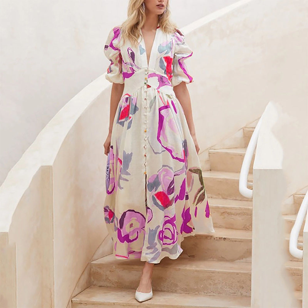 Print Dresses For Women Summer V-neck Button Short Sleeve Dress