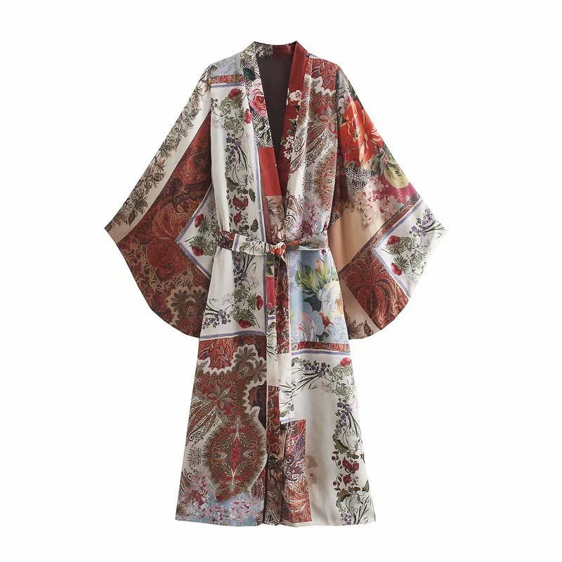 Retro Patchwork Printed Kimono Jacket Pants